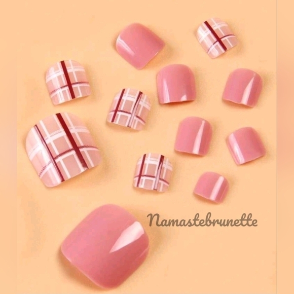 2/$16 Pink Plaid Press on Toenails - Picture 2 of 11